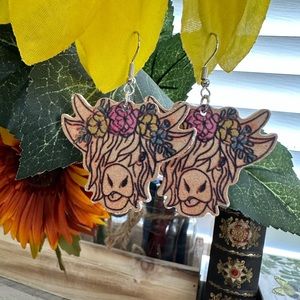 Cow head shaped wooden earrings